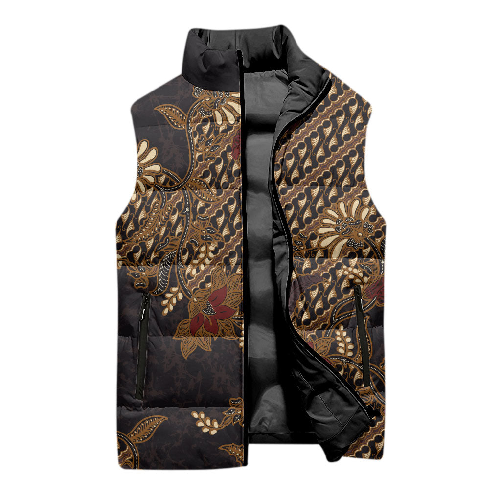 Indonesian Parang Batik Sleeveless Puffer Jacket Brown Gold Floral Pattern
