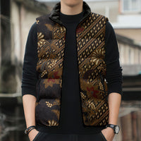 Indonesian Parang Batik Sleeveless Puffer Jacket Brown Gold Floral Pattern