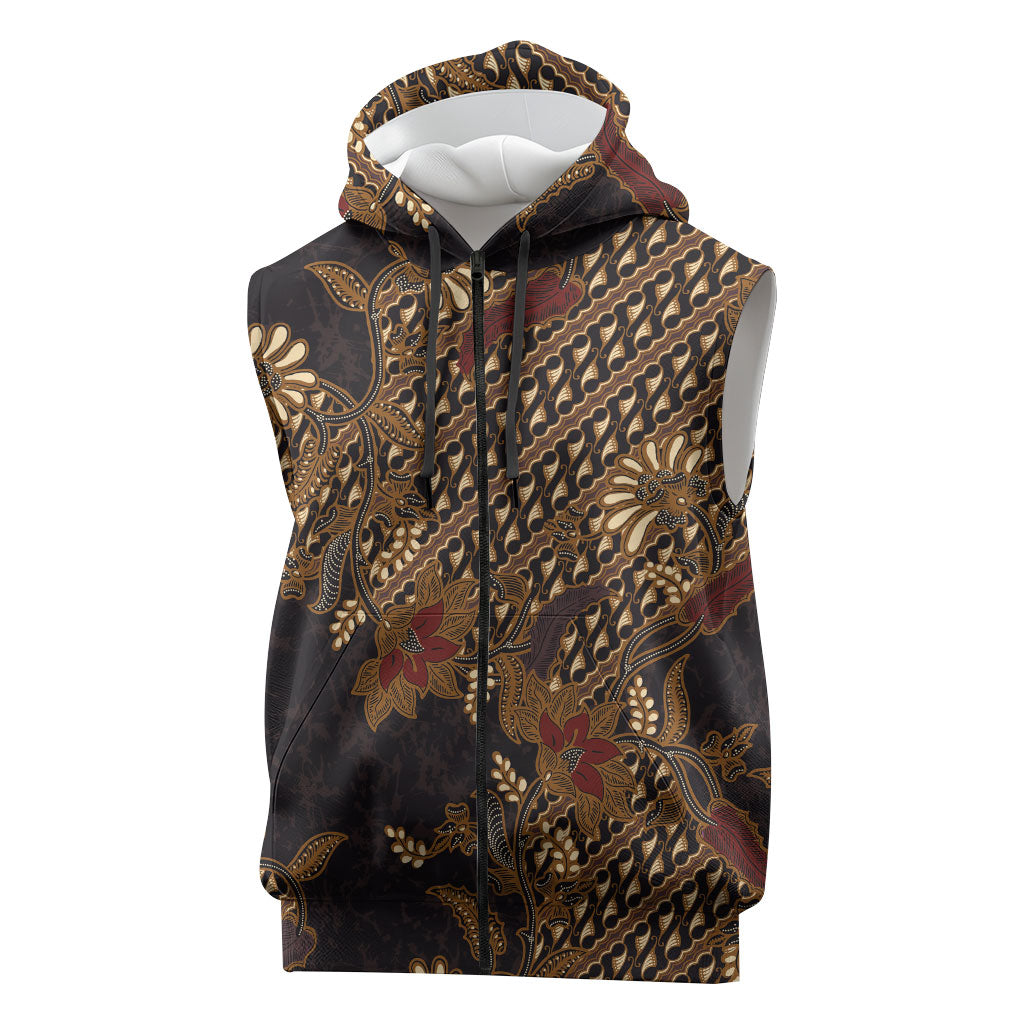 Indonesian Parang Batik Sleeveless Zip Hoodie Brown Gold Floral Pattern