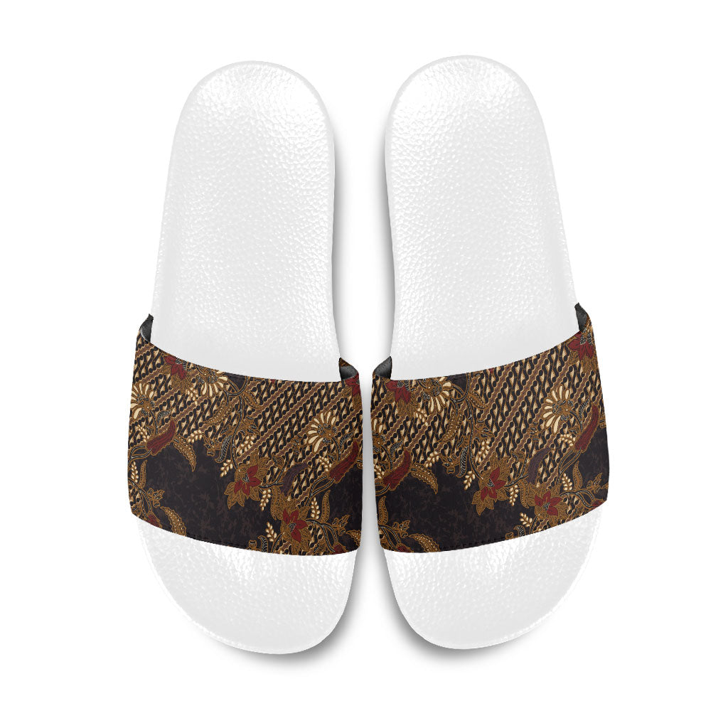 Indonesian Parang Batik Slide Sandals Brown Gold Floral Pattern