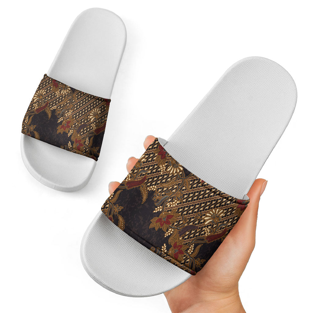 Indonesian Parang Batik Slide Sandals Brown Gold Floral Pattern