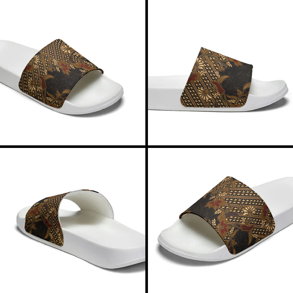 Indonesian Parang Batik Slide Sandals Brown Gold Floral Pattern