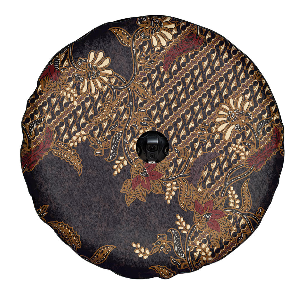 Indonesian Parang Batik Spare Tire Cover Brown Gold Floral Pattern
