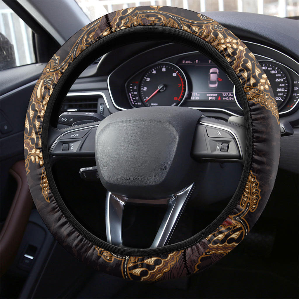 Indonesian Parang Batik Steering Wheel Cover Brown Gold Floral Pattern