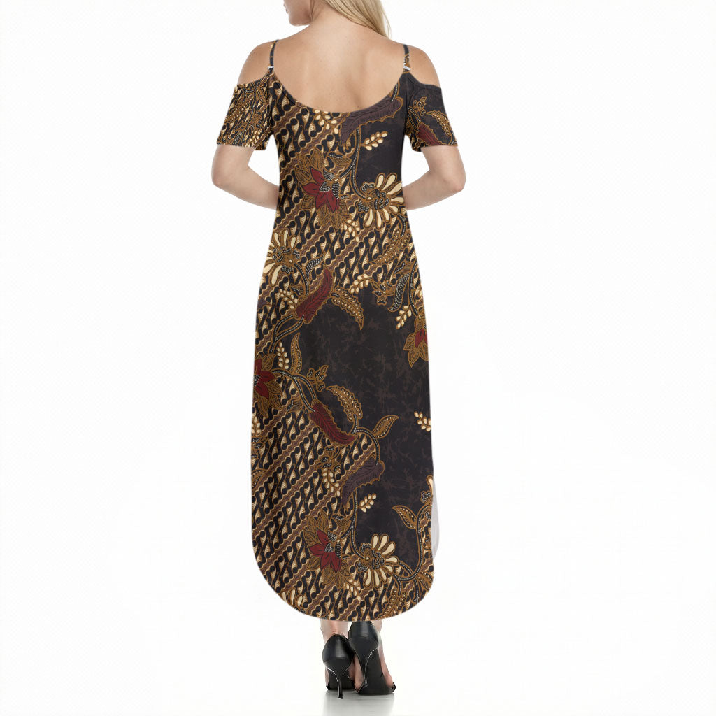 Indonesian Parang Batik Summer Maxi Dress Brown Gold Floral Pattern
