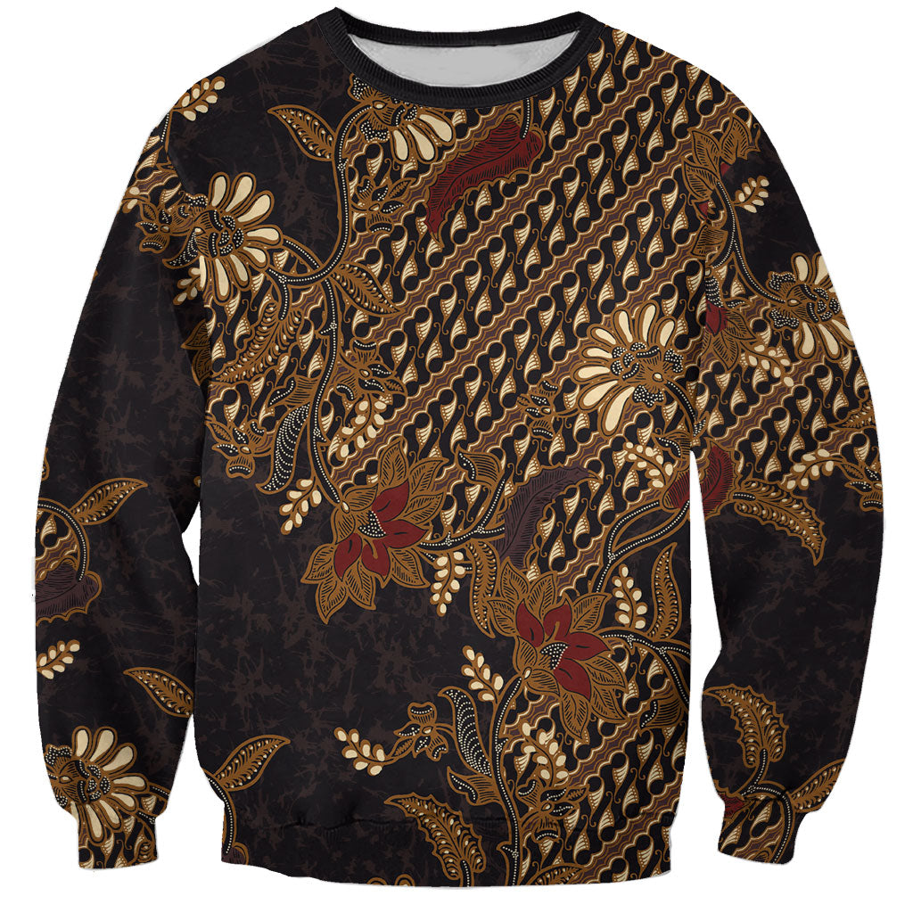 Indonesian Parang Batik Sweatshirt Brown Gold Floral Pattern