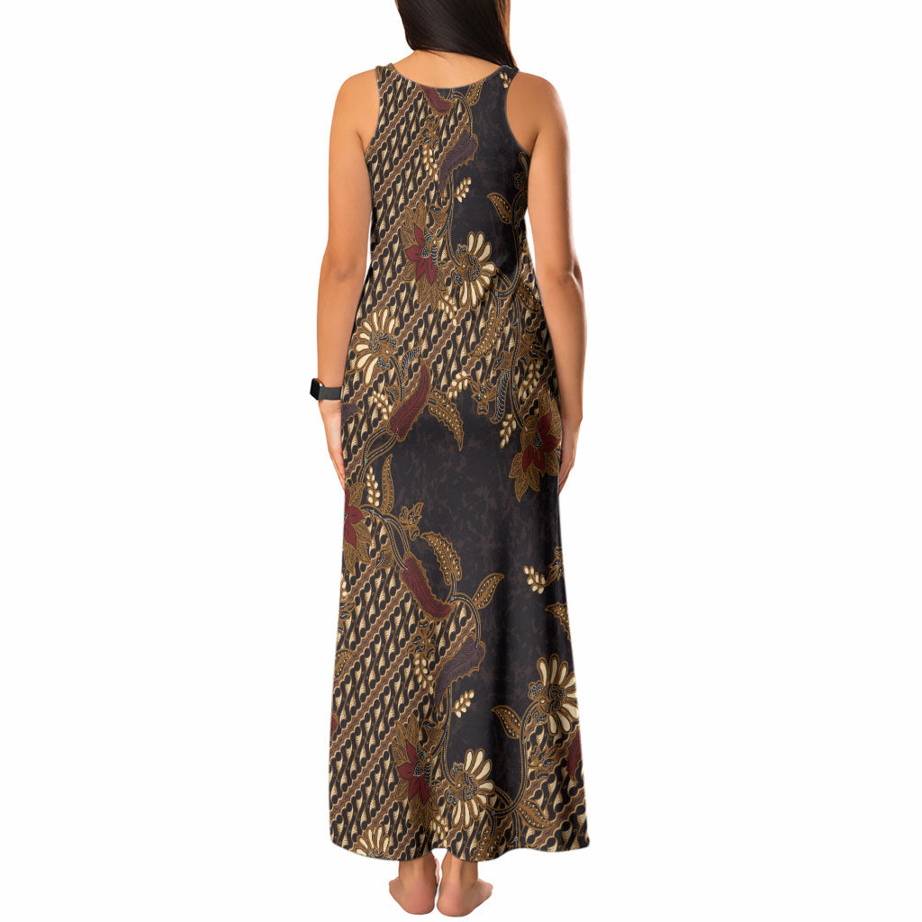 Indonesian Parang Batik Tank Maxi Dress Brown Gold Floral Pattern