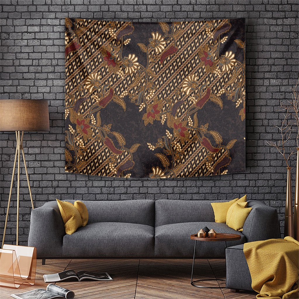 Indonesian Parang Batik Tapestry Brown Gold Floral Pattern