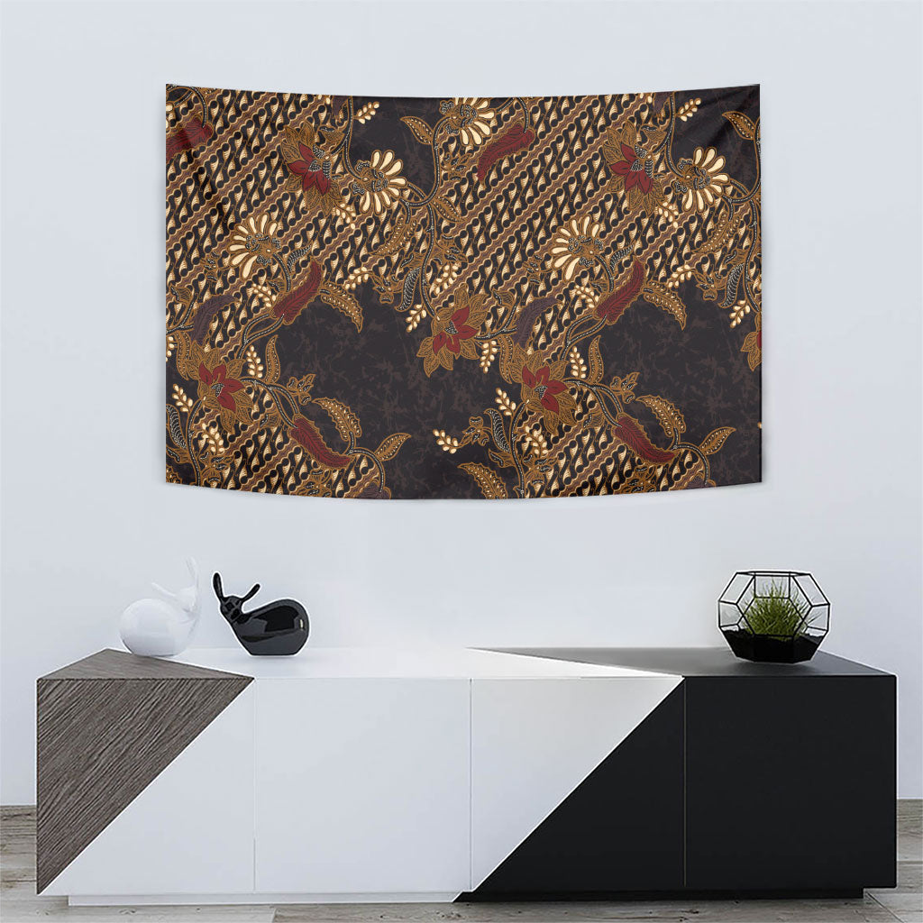 Indonesian Parang Batik Tapestry Brown Gold Floral Pattern