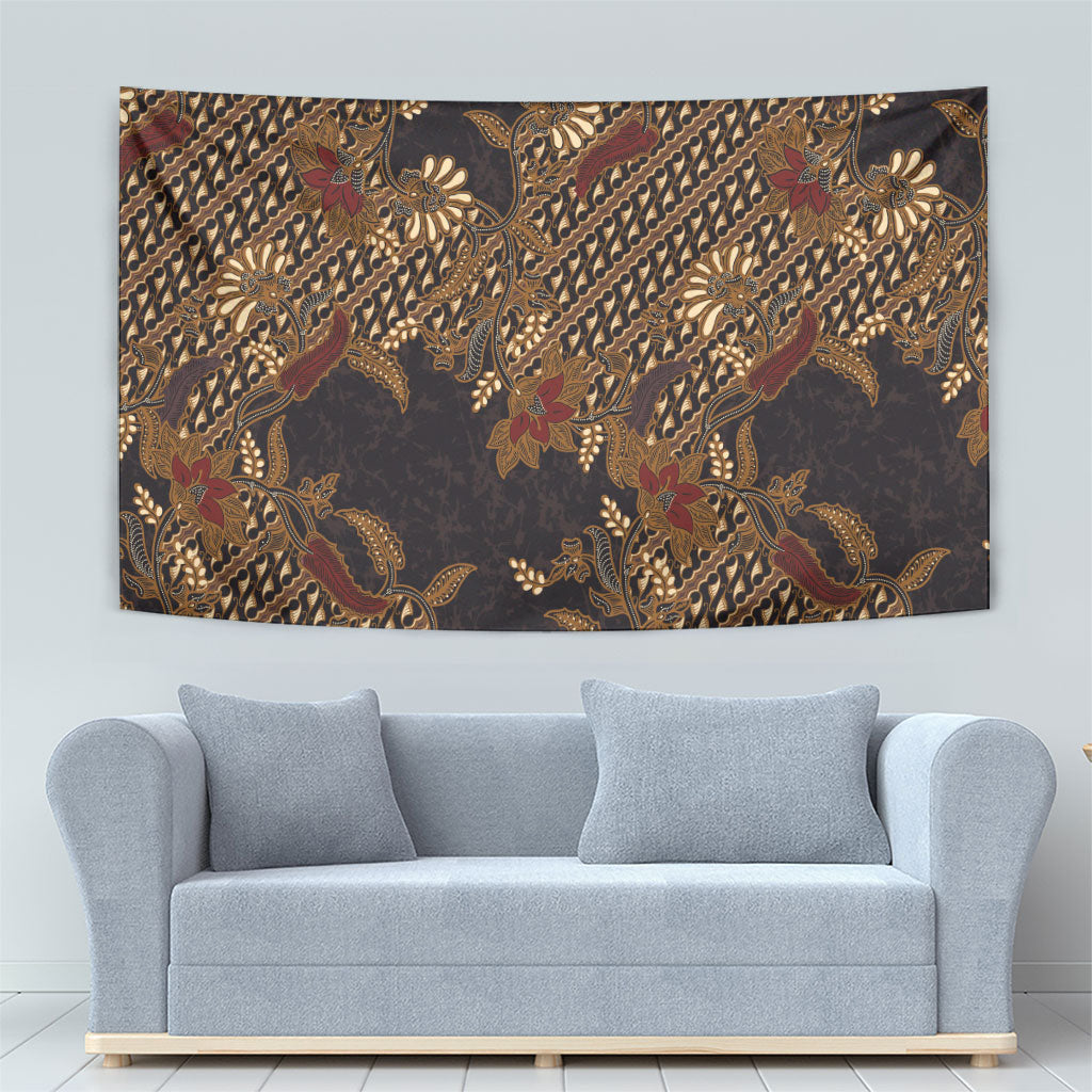 Indonesian Parang Batik Tapestry Brown Gold Floral Pattern