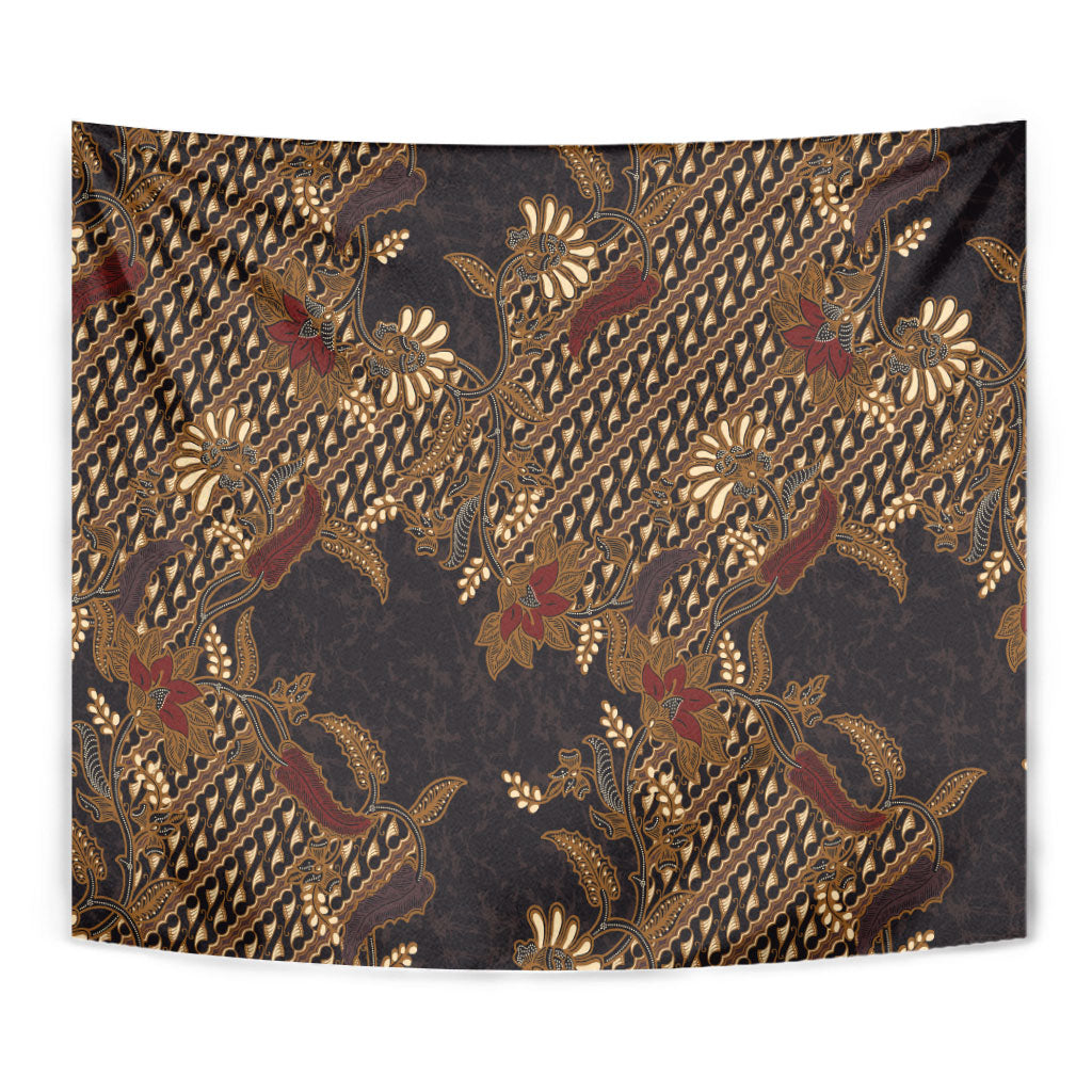 Indonesian Parang Batik Tapestry Brown Gold Floral Pattern