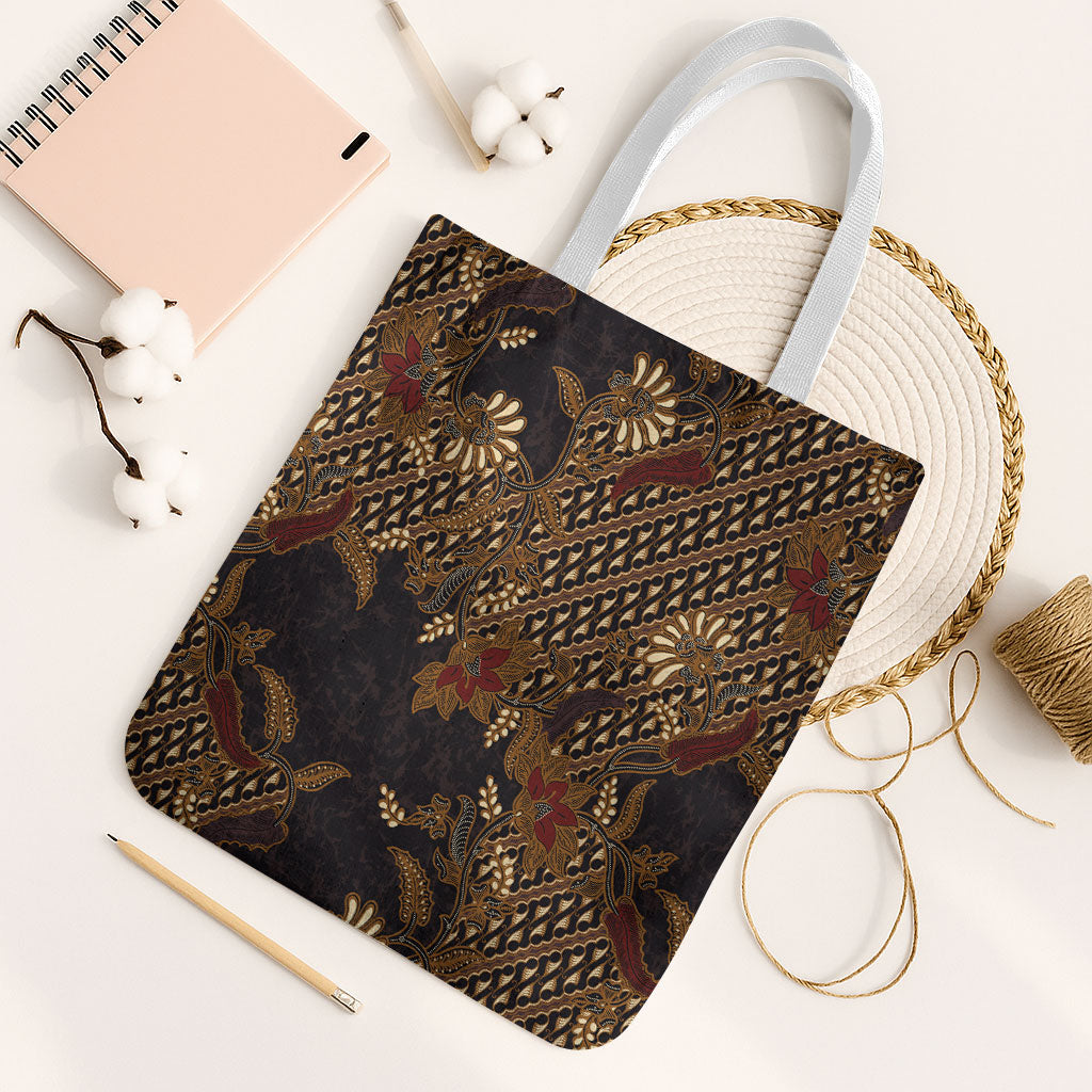 Indonesian Parang Batik Tote Bag Brown Gold Floral Pattern