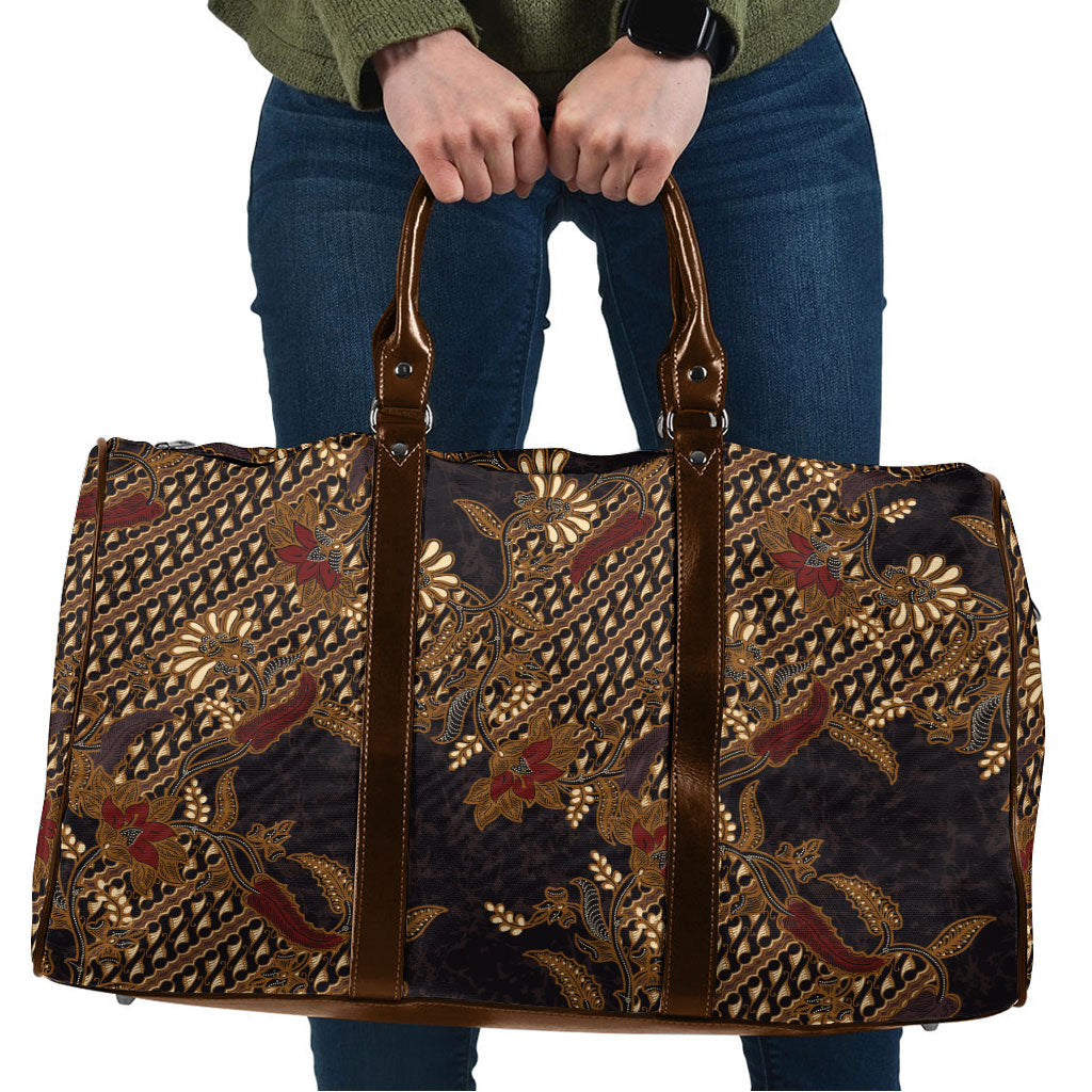 Indonesian Parang Batik Travel Bag Brown Gold Floral Pattern