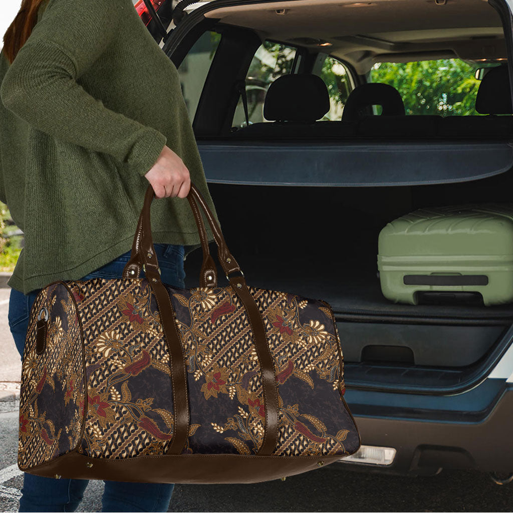 Indonesian Parang Batik Travel Bag Brown Gold Floral Pattern