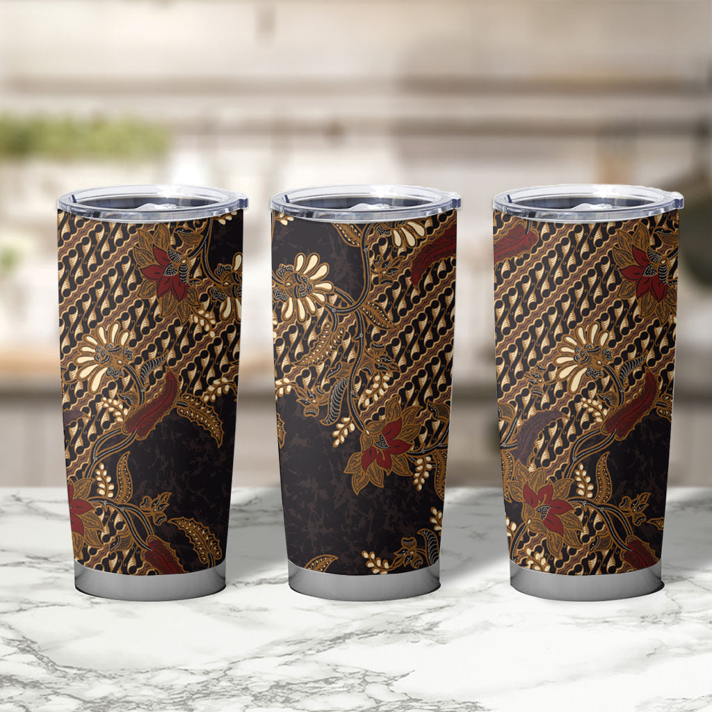 Indonesian Parang Batik Tumbler Cup Brown Gold Floral Pattern