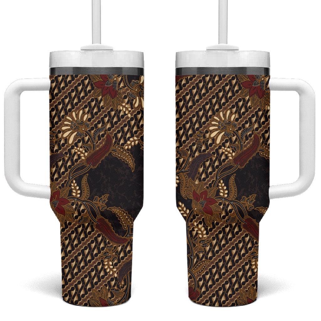 Indonesian Parang Batik Tumbler With Handle Brown Gold Floral Pattern