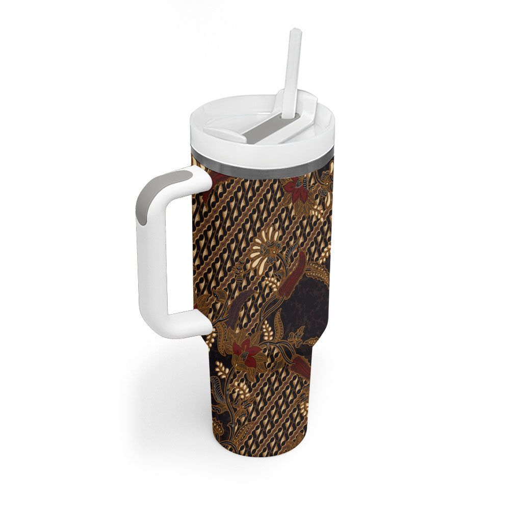 Indonesian Parang Batik Tumbler With Handle Brown Gold Floral Pattern