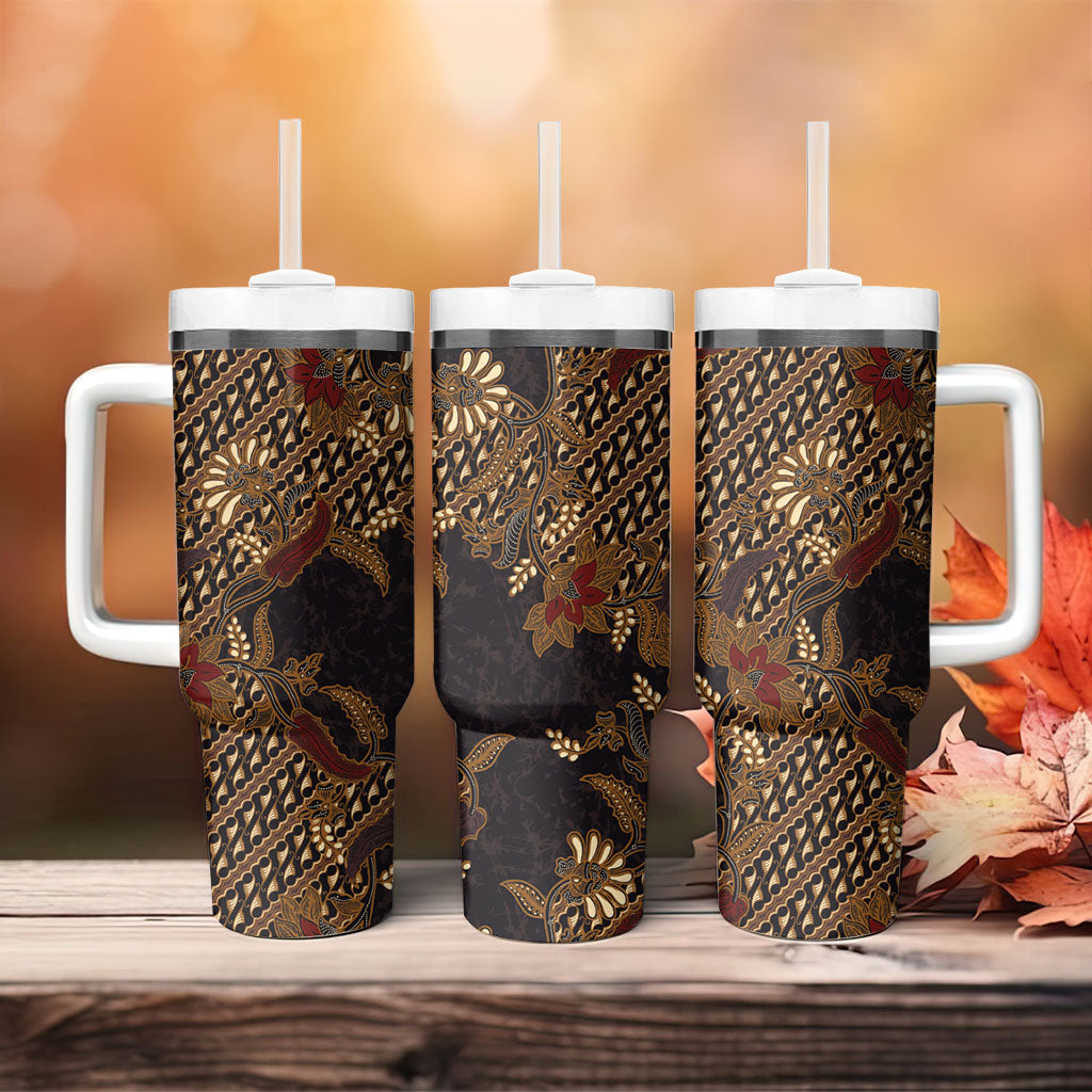 Indonesian Parang Batik Tumbler With Handle Brown Gold Floral Pattern