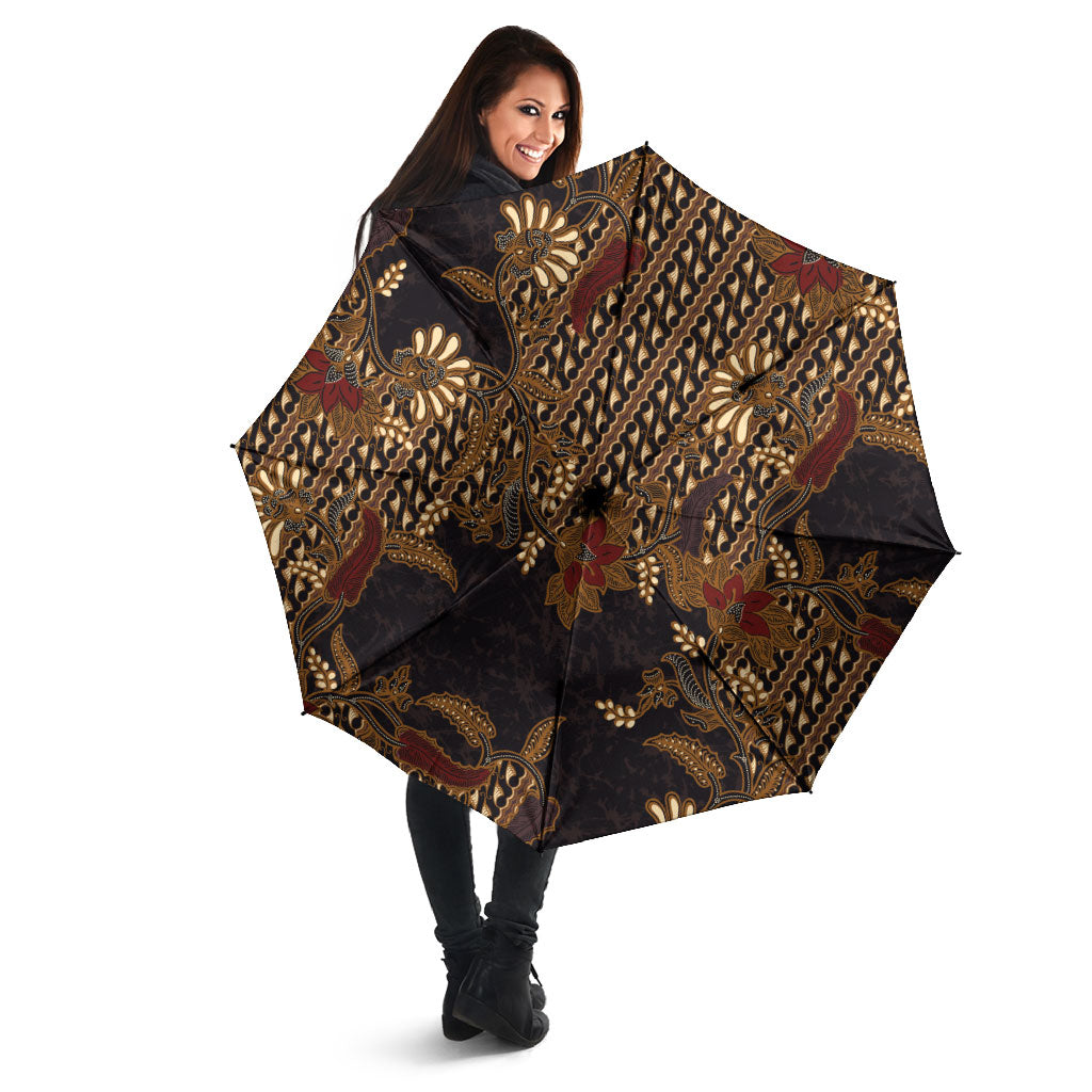 Indonesian Parang Batik Umbrella Brown Gold Floral Pattern