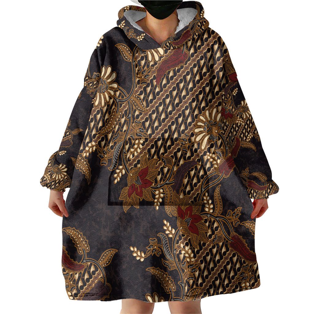 Indonesian Parang Batik Wearable Blanket Hoodie Brown Gold Floral Pattern