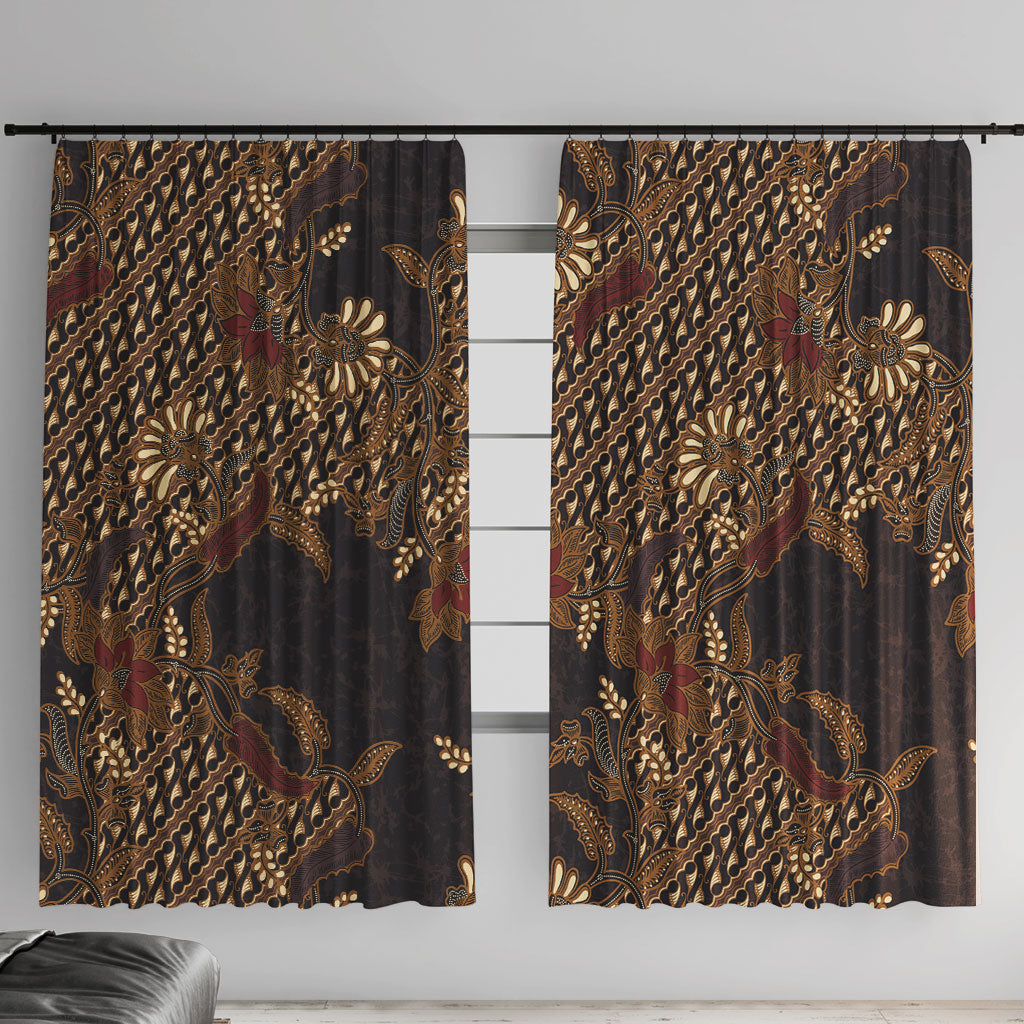 Indonesian Parang Batik Window Curtain Brown Gold Floral Pattern