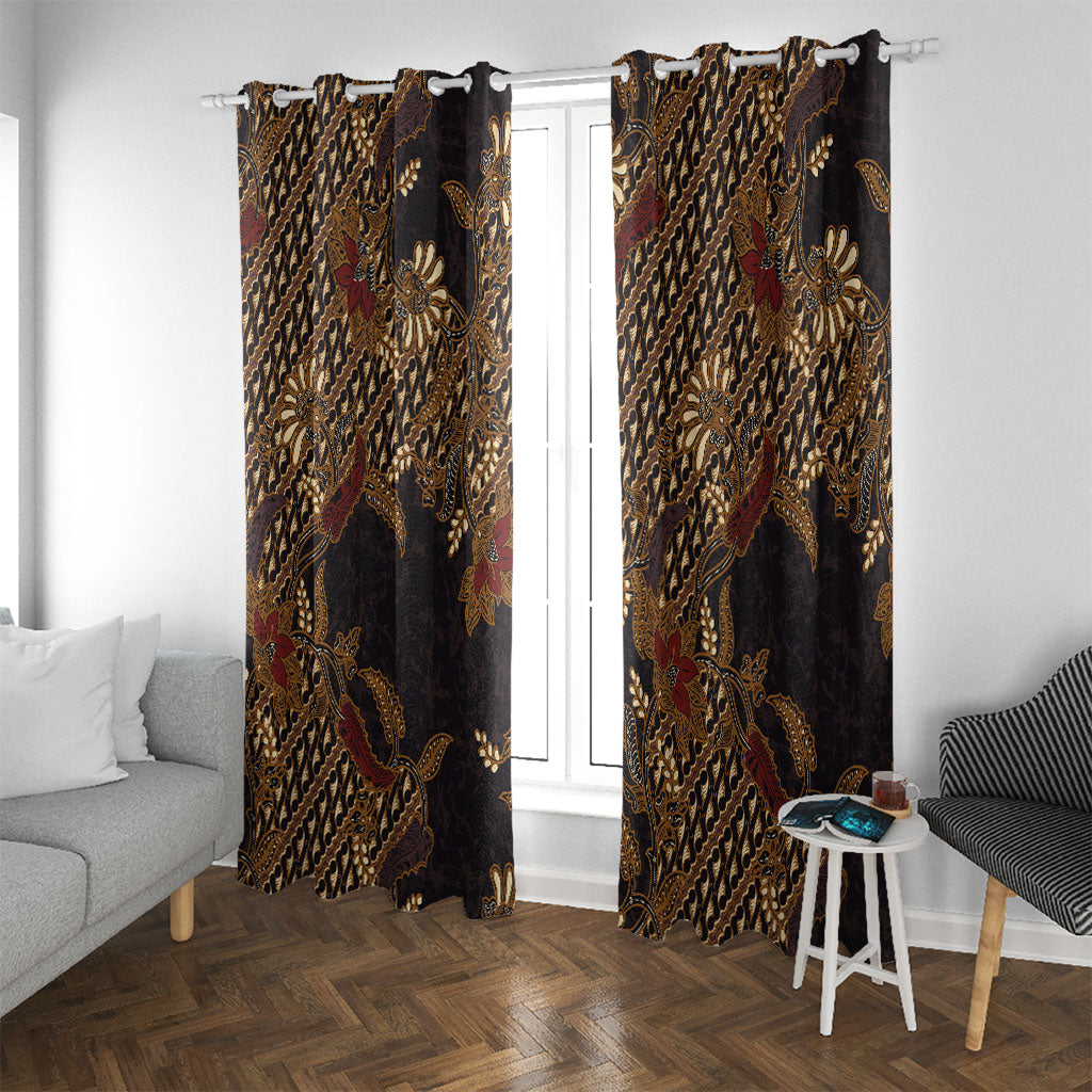 Indonesian Parang Batik Window Curtain Brown Gold Floral Pattern