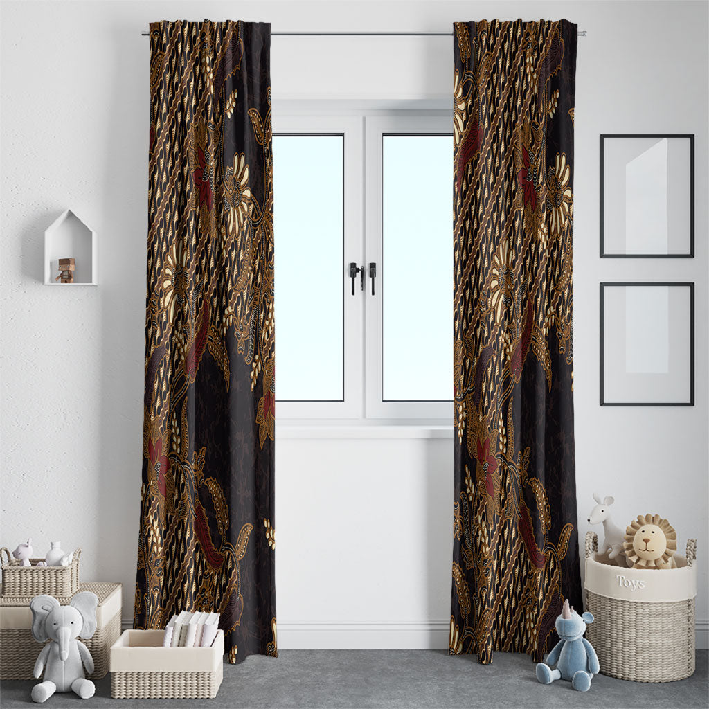 Indonesian Parang Batik Window Curtain Brown Gold Floral Pattern