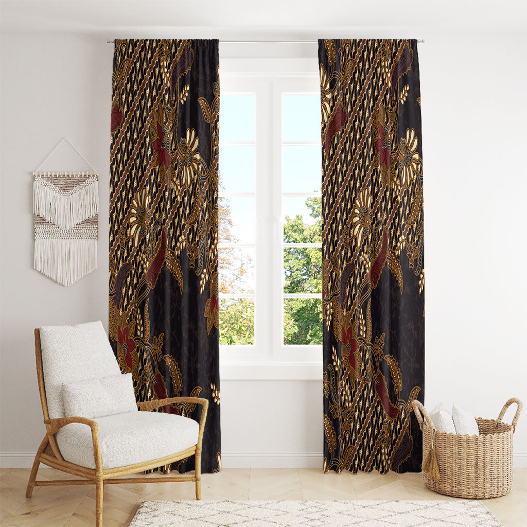 Indonesian Parang Batik Window Curtain Brown Gold Floral Pattern