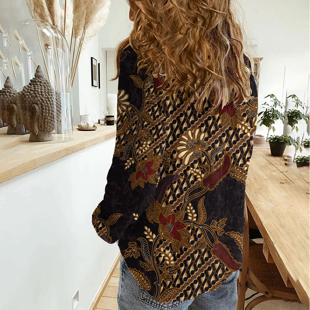 Indonesian Parang Batik Women Casual Shirt Brown Gold Floral Pattern