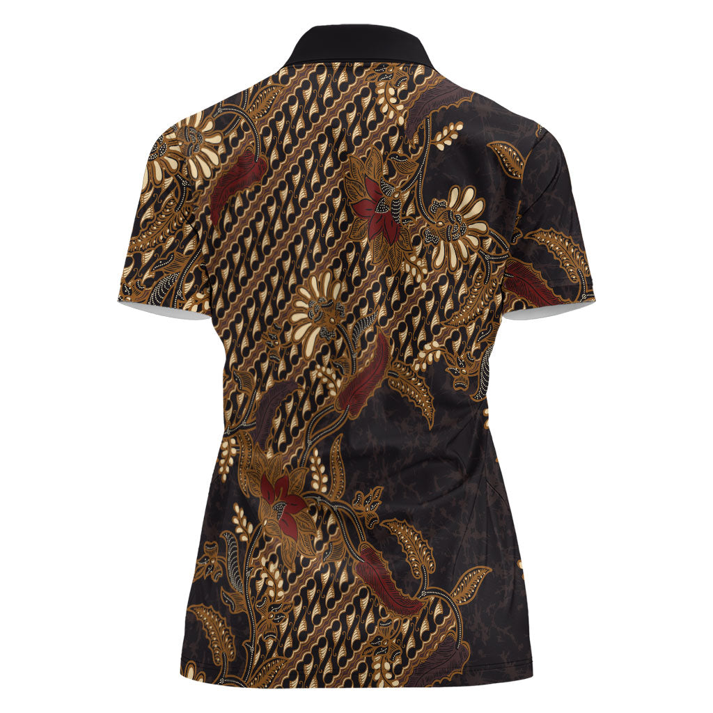 Indonesian Parang Batik Women Polo Shirt Brown Gold Floral Pattern