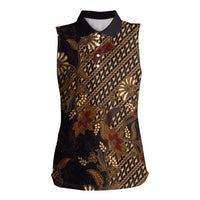 Indonesian Parang Batik Women Sleeveless Polo Shirt Brown Gold Floral Pattern