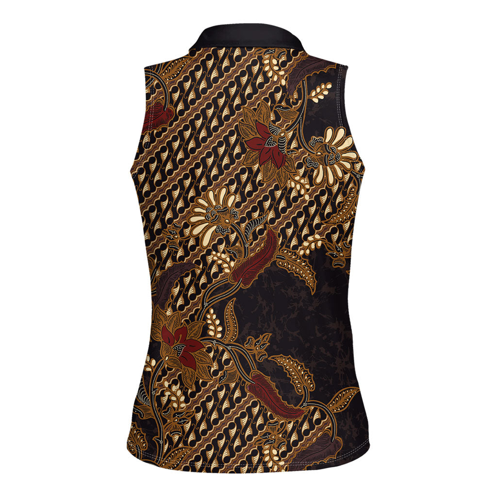 Indonesian Parang Batik Women Sleeveless Polo Shirt Brown Gold Floral Pattern