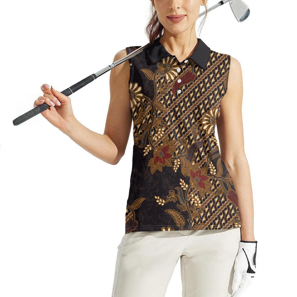 Indonesian Parang Batik Women Sleeveless Polo Shirt Brown Gold Floral Pattern