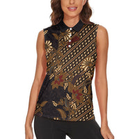 Indonesian Parang Batik Women Sleeveless Polo Shirt Brown Gold Floral Pattern