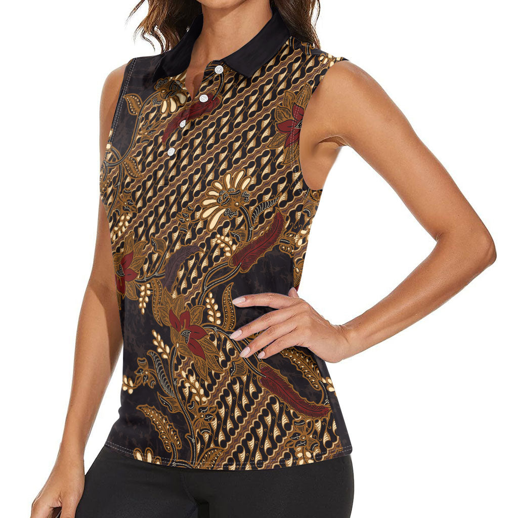 Indonesian Parang Batik Women Sleeveless Polo Shirt Brown Gold Floral Pattern