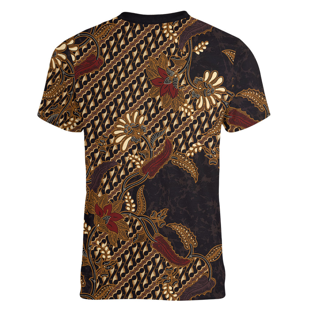 Indonesian Parang Batik Women V-Neck T-Shirt Brown Gold Floral Pattern