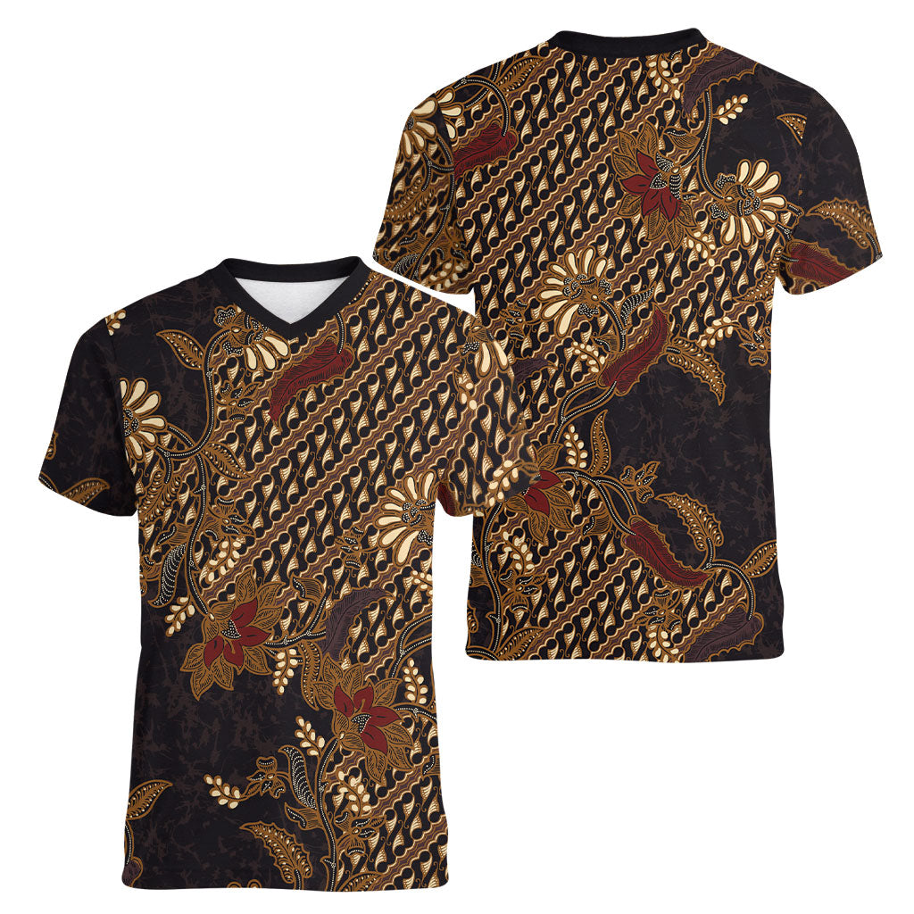 Indonesian Parang Batik Women V-Neck T-Shirt Brown Gold Floral Pattern
