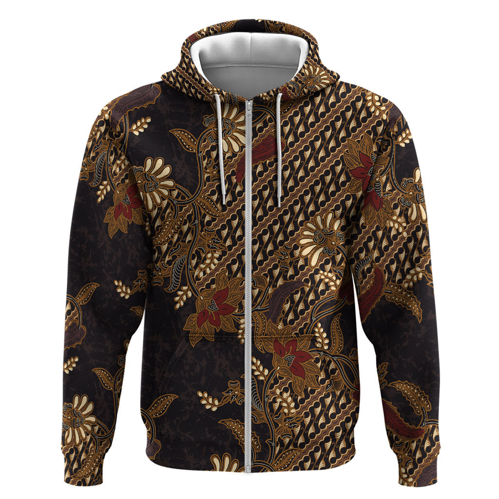 Indonesian Parang Batik Zip Hoodie Brown Gold Floral Pattern