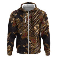 Indonesian Parang Batik Zip Hoodie Brown Gold Floral Pattern