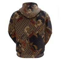 Indonesian Parang Batik Zip Hoodie Brown Gold Floral Pattern