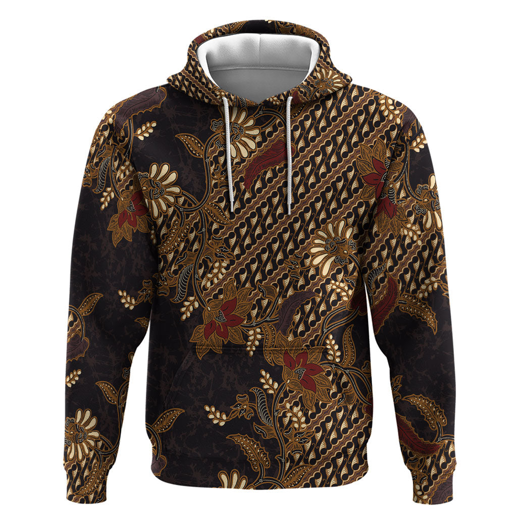 Indonesian Parang Batik Zip Hoodie Brown Gold Floral Pattern