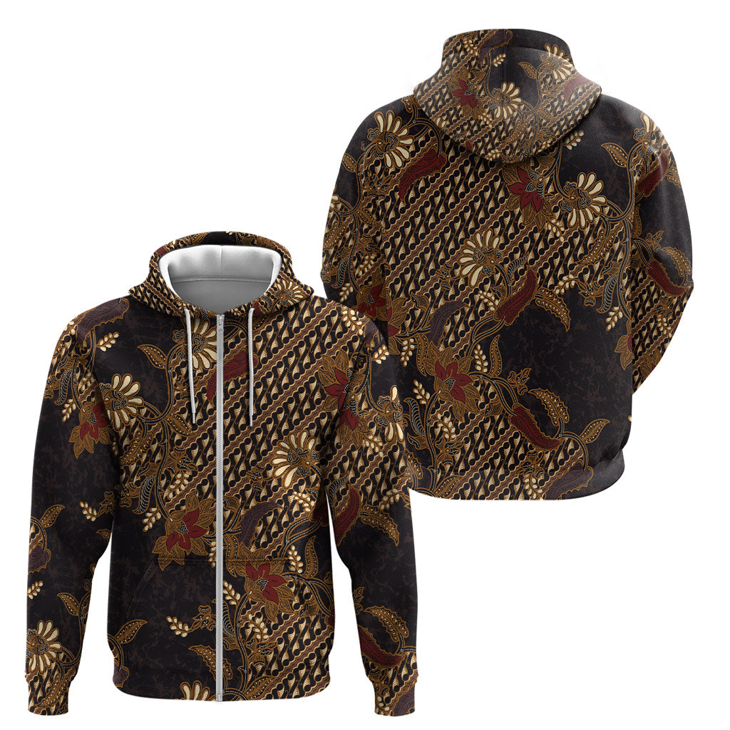 Indonesian Parang Batik Zip Hoodie Brown Gold Floral Pattern