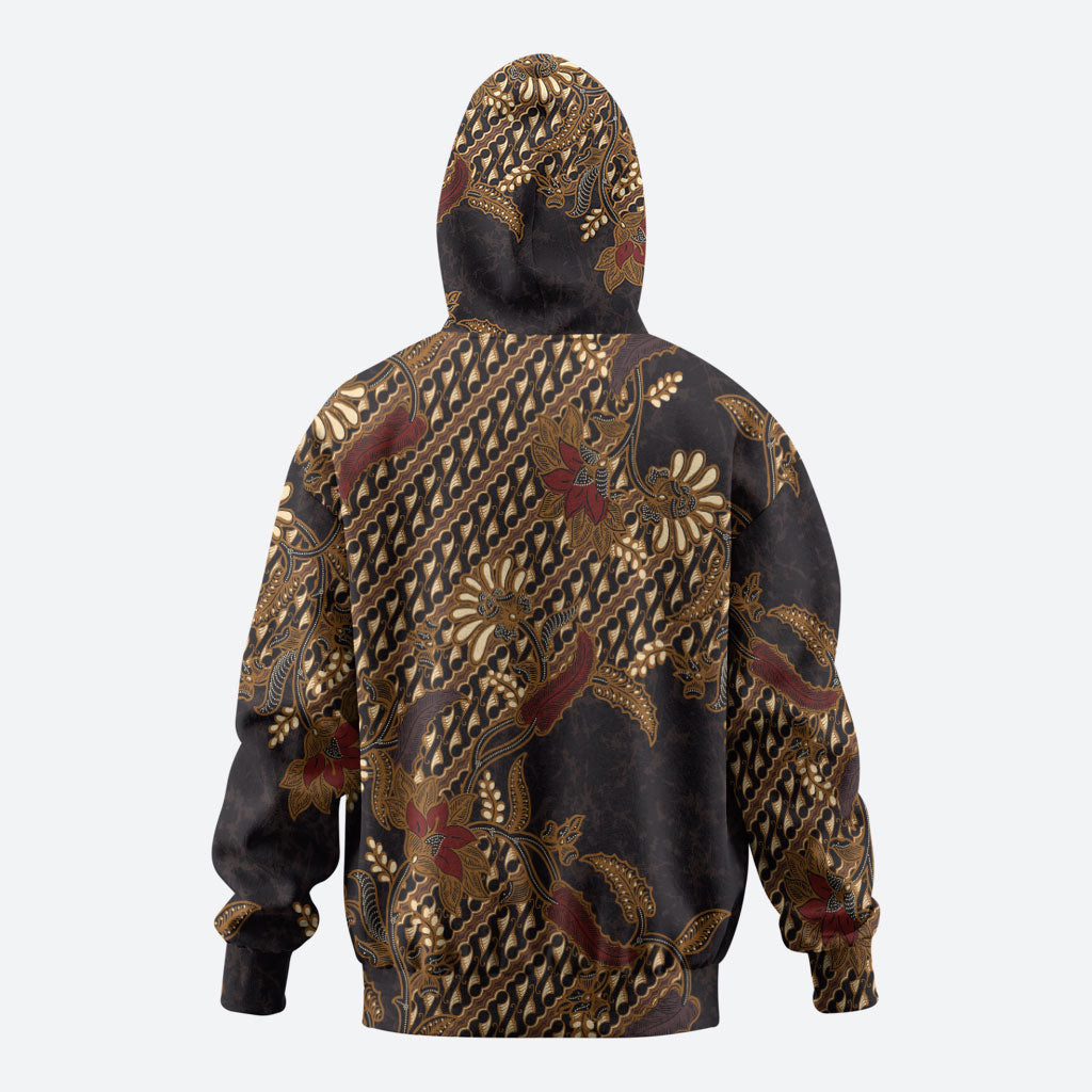 Indonesian Parang Batik Zip Hoodie Brown Gold Floral Pattern