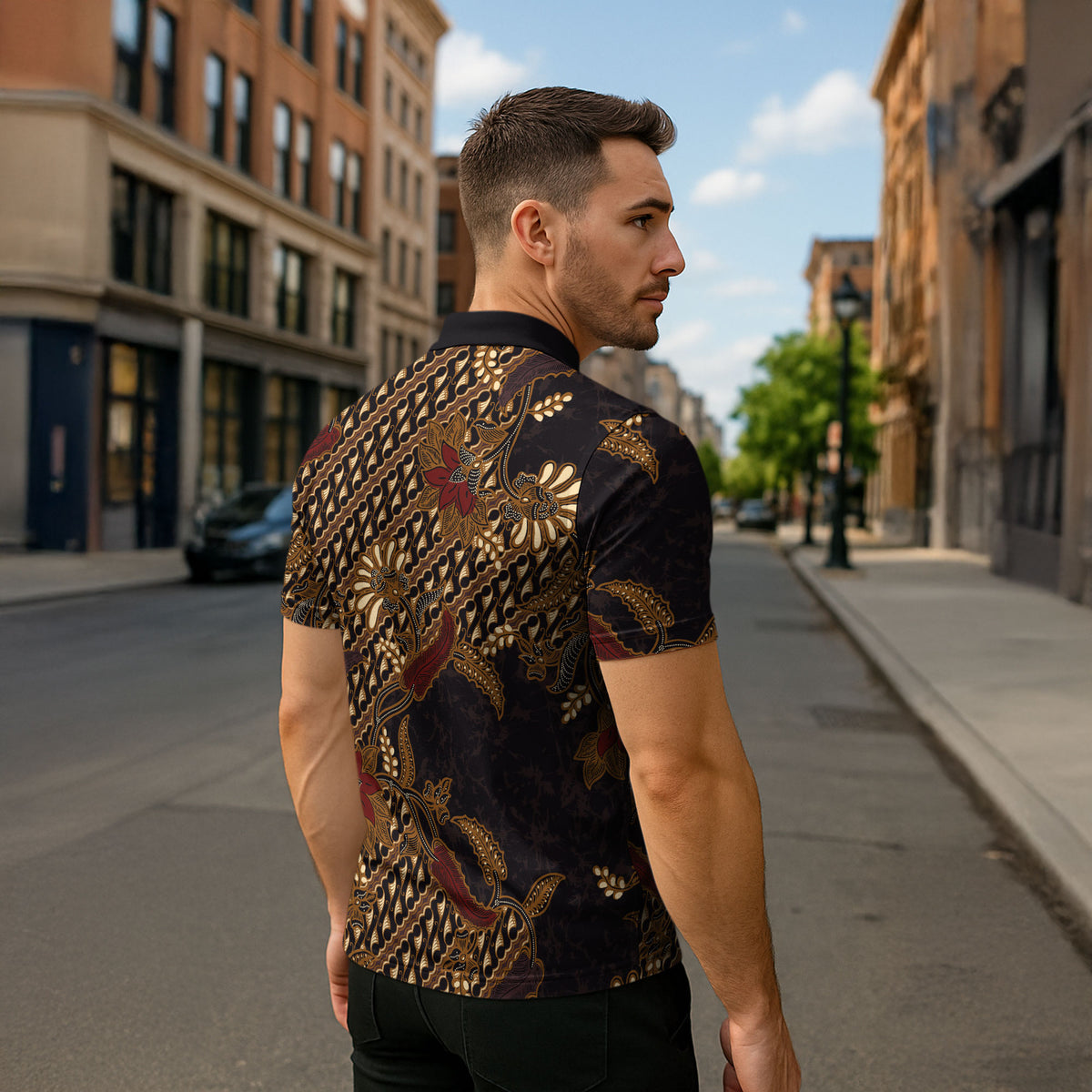 Indonesian Parang Batik Zipper Polo Shirt Brown Gold Floral Pattern