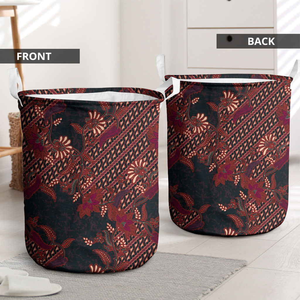 Indonesian Parang Batik Laundry Basket Red Floral Pattern