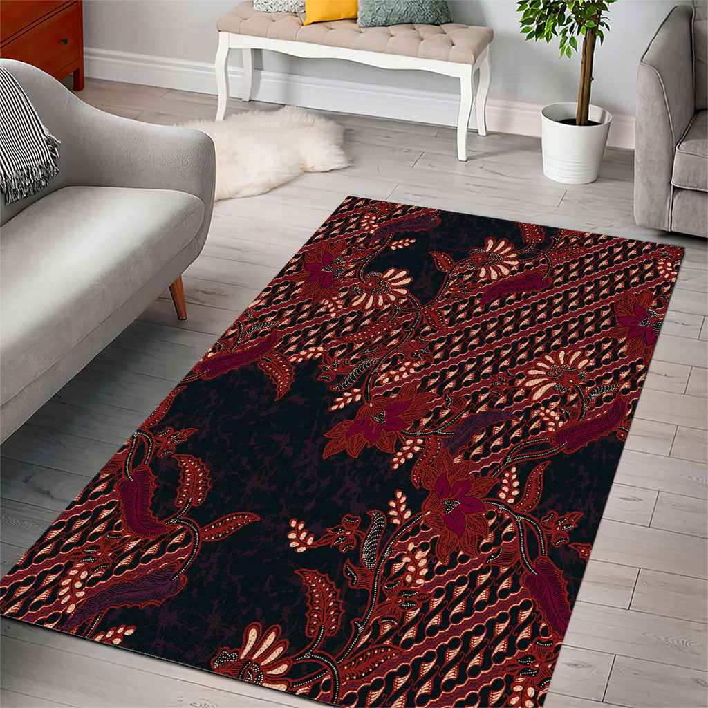 Indonesian Parang Batik Area Rug Red Floral Pattern