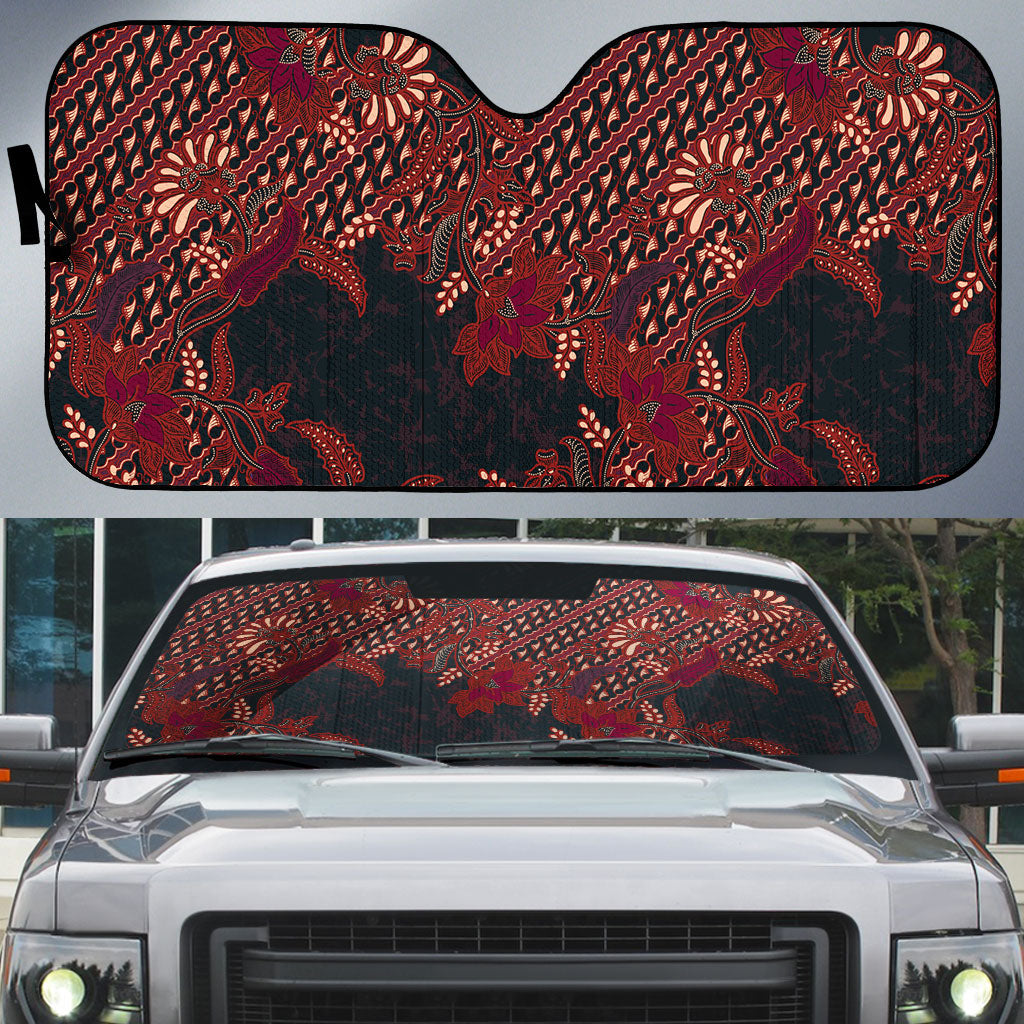 Indonesian Parang Batik Auto Sun Shade Red Floral Pattern