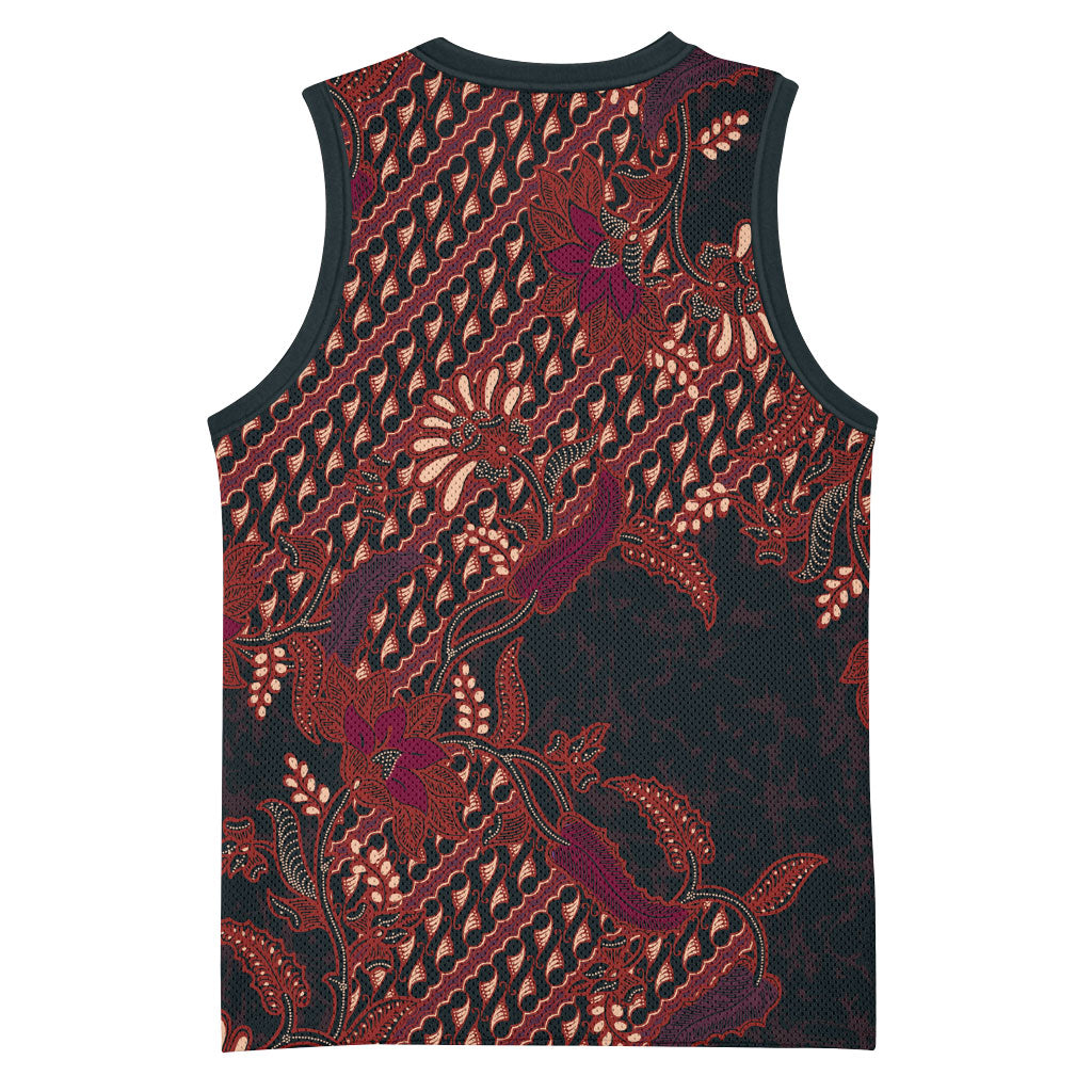 Indonesian Parang Batik Basketball Jersey Red Floral Pattern