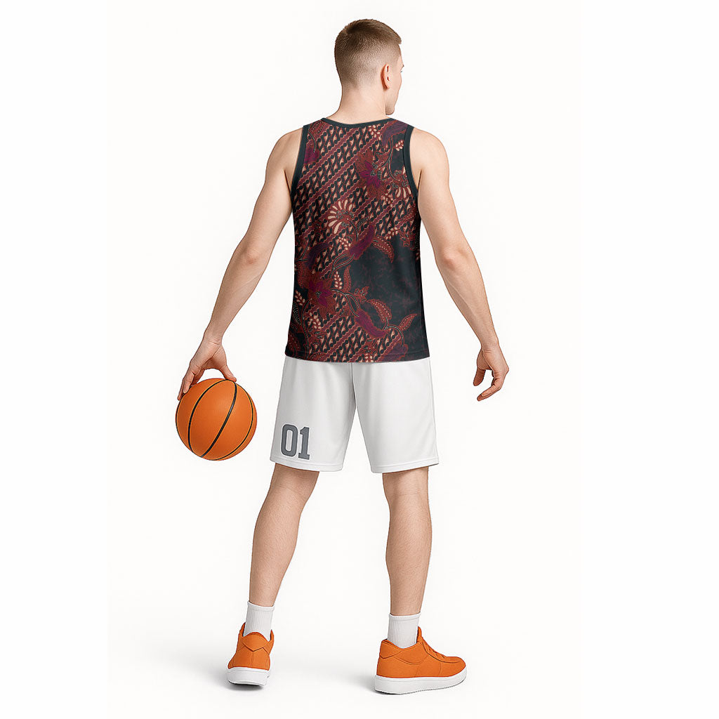 Indonesian Parang Batik Basketball Jersey Red Floral Pattern