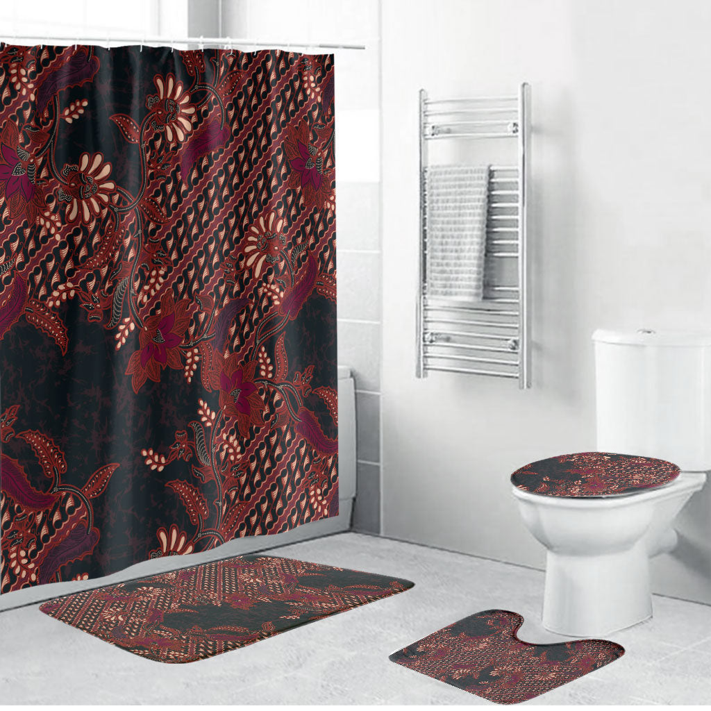 Indonesian Parang Batik Bathroom Set Red Floral Pattern